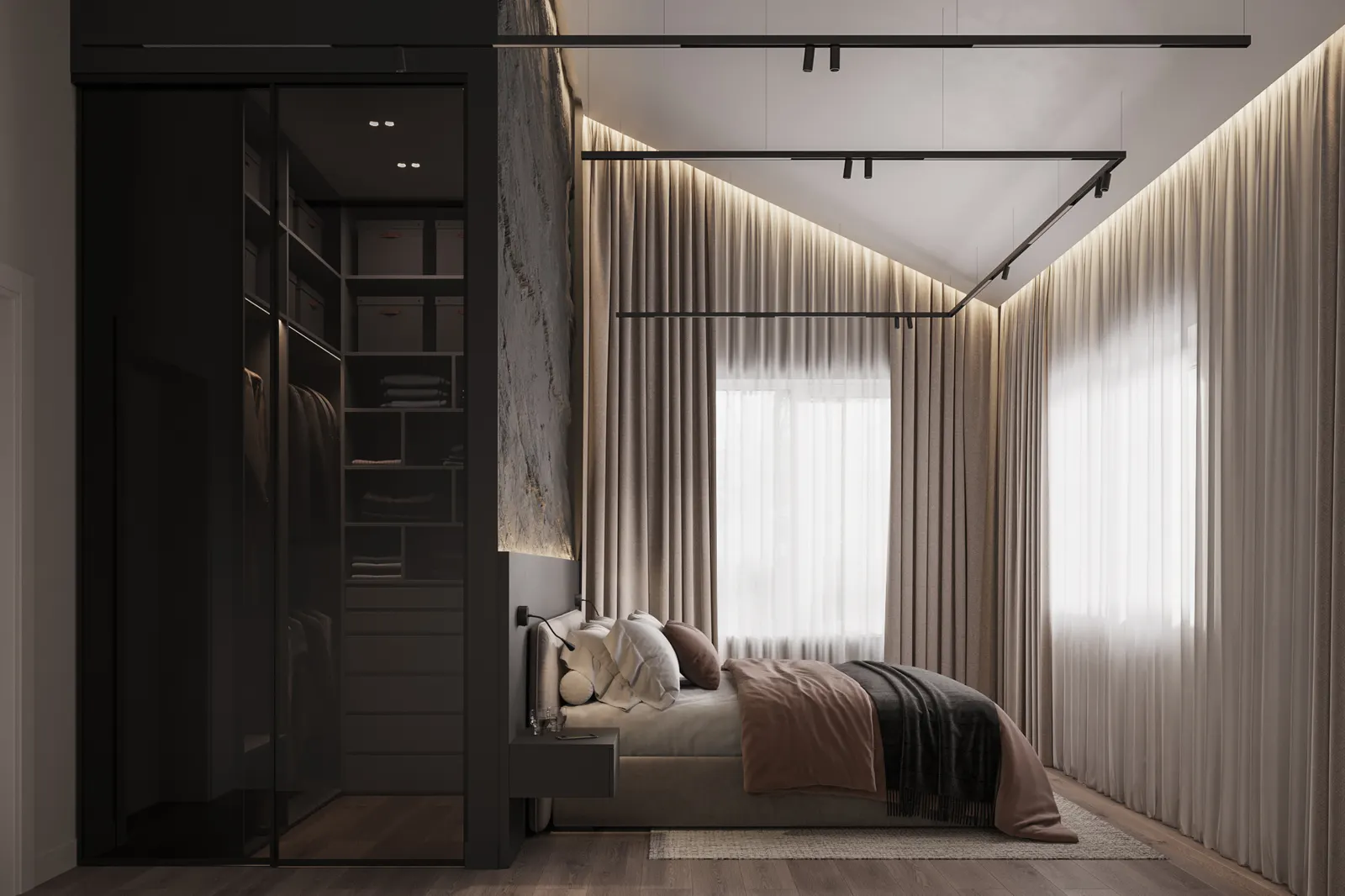 Мастер-спальня — КП Альпийские Горки, 3D-визуализация, ракурс 3