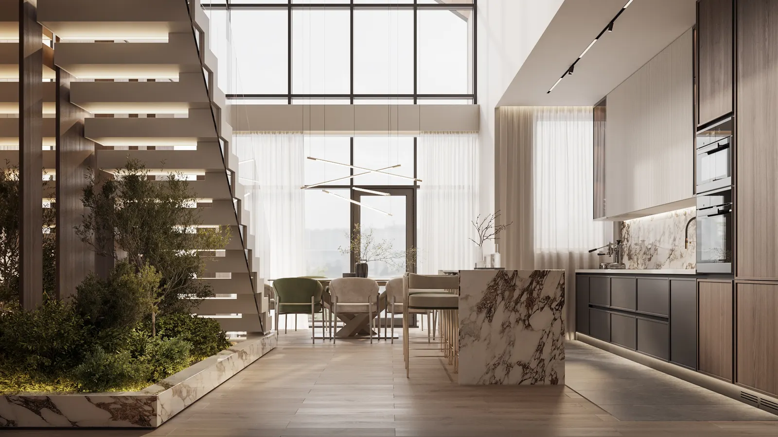 Кухня-гостиная со вторым светом — Barnhouse, 3D-визуализация, ракурс 1