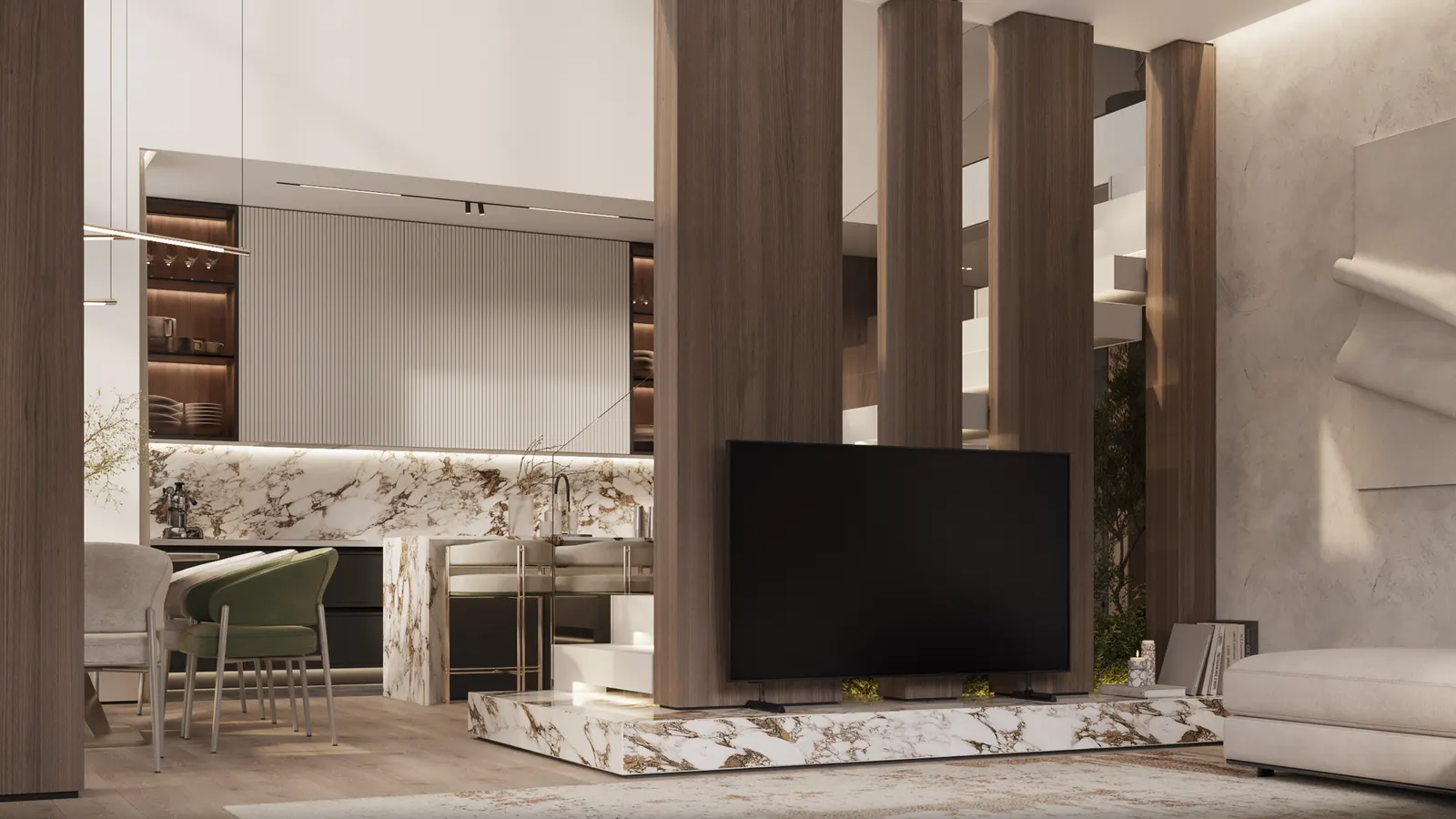 Кухня-гостиная со вторым светом — Barnhouse, 3D-визуализация, ракурс 4