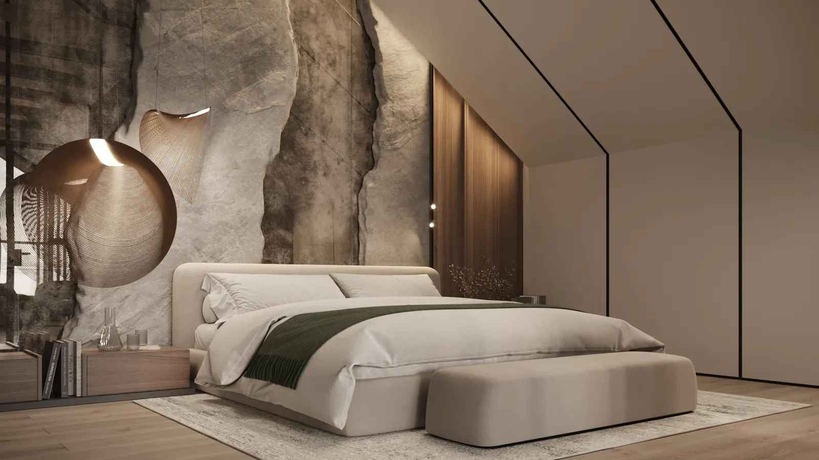 Спальня под скатом — Barnhouse, 3D-визуализация, ракурс 1