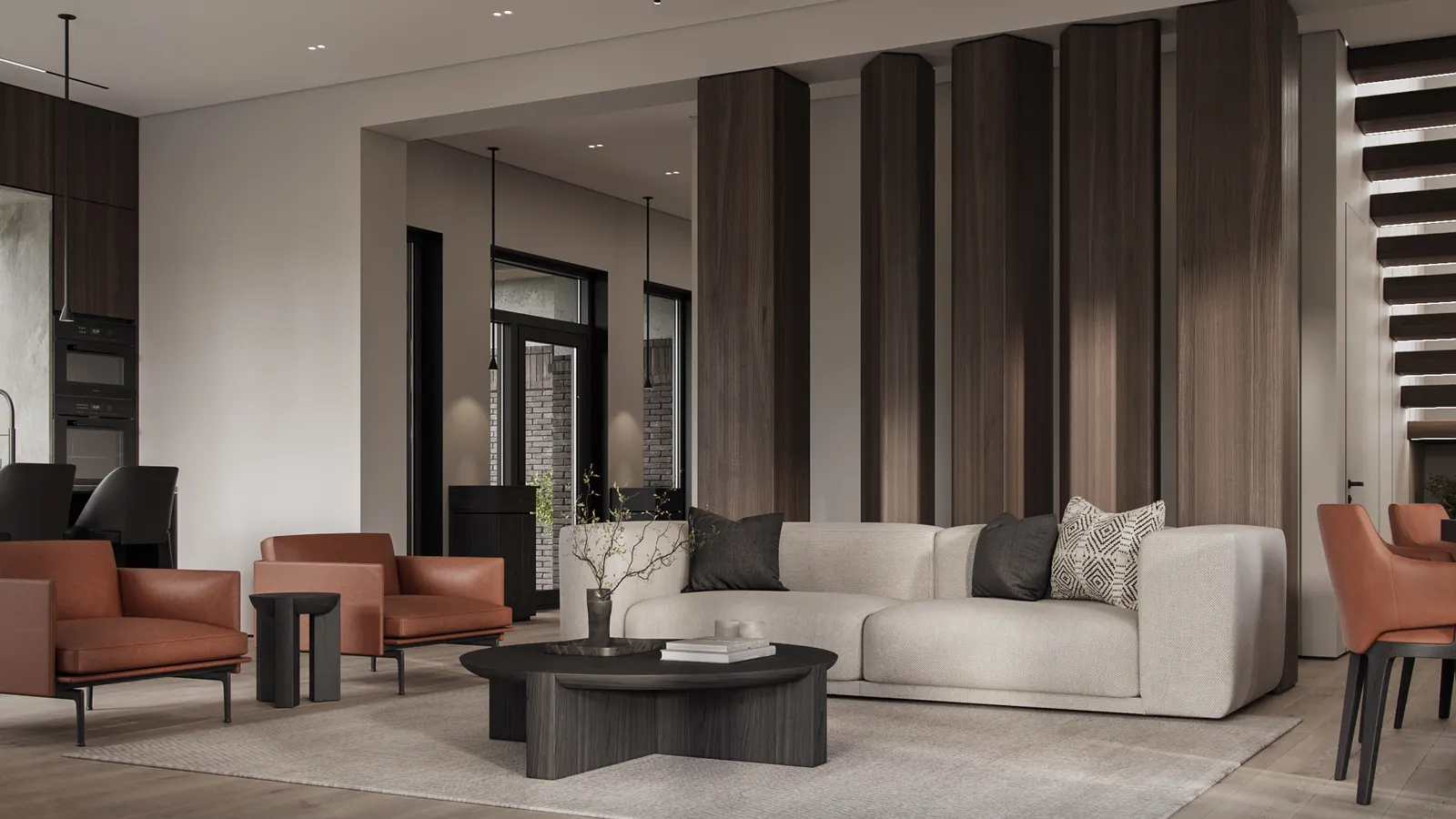 Кухня-гостиная — Дом в Москве · 223 м², 3D-визуализация, ракурс 2