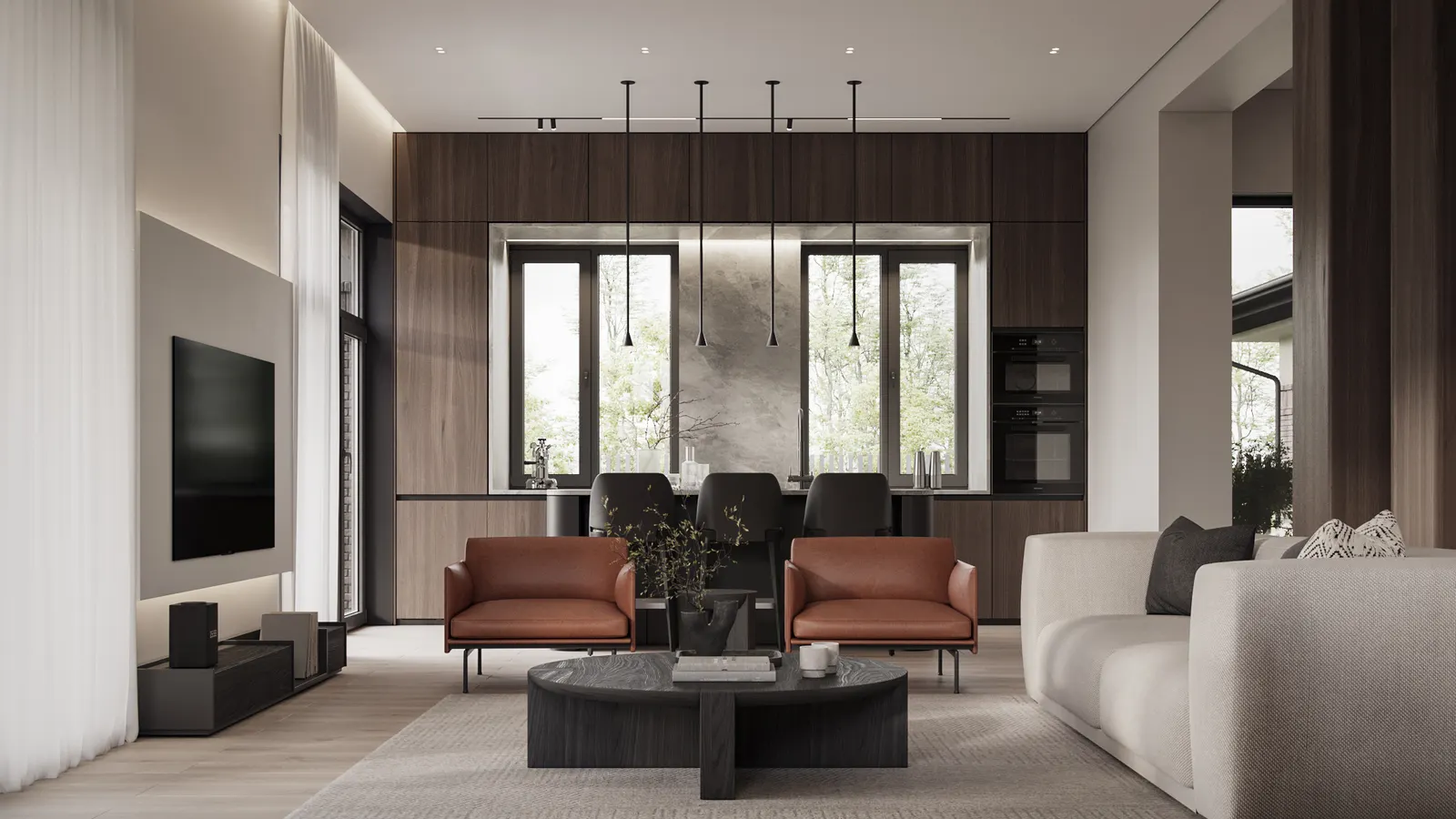 Кухня-гостиная — Дом в Москве · 223 м², 3D-визуализация, ракурс 3
