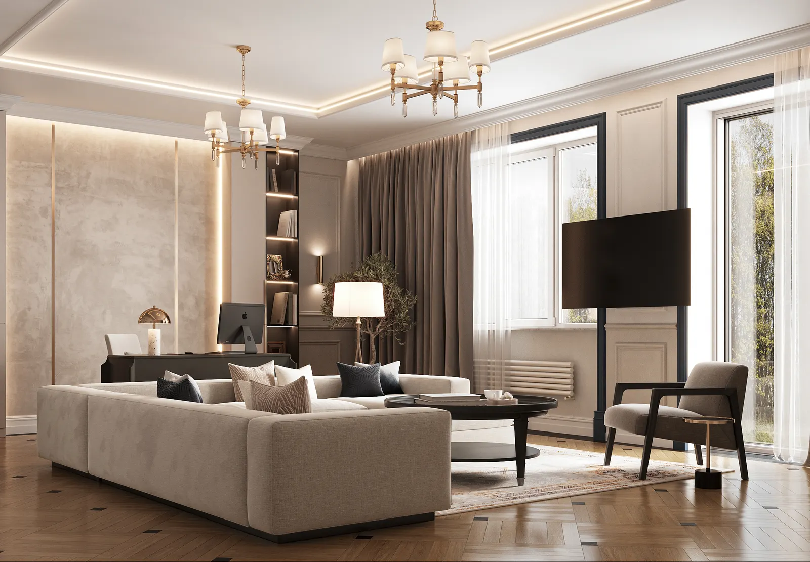 Гостиная — Дом в Воронеже · 230 м², 3D-визуализация, ракурс 2