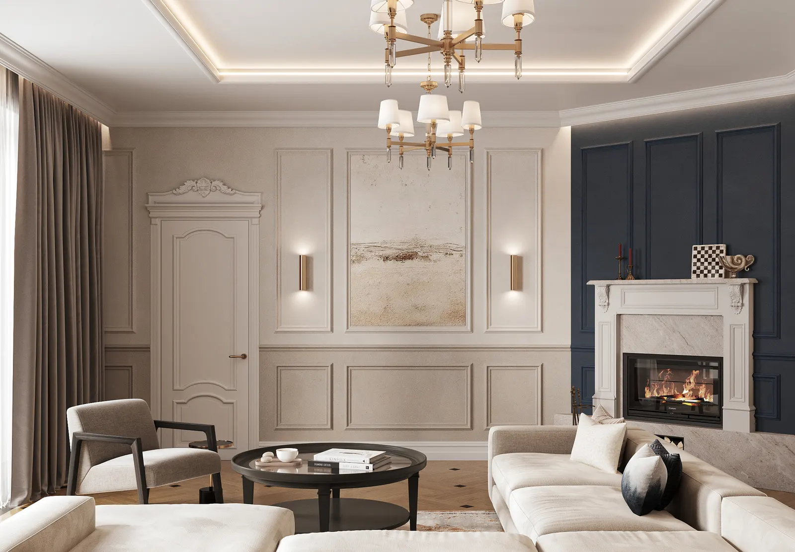 Гостиная — Дом в Воронеже · 230 м², 3D-визуализация, ракурс 3