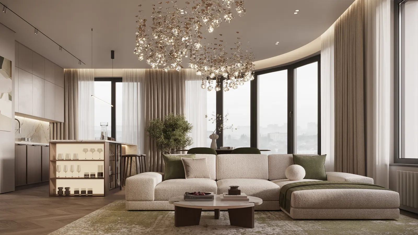 Кухня-гостиная — ЖК Остров · 143 м², 3D-визуализация, ракурс 1