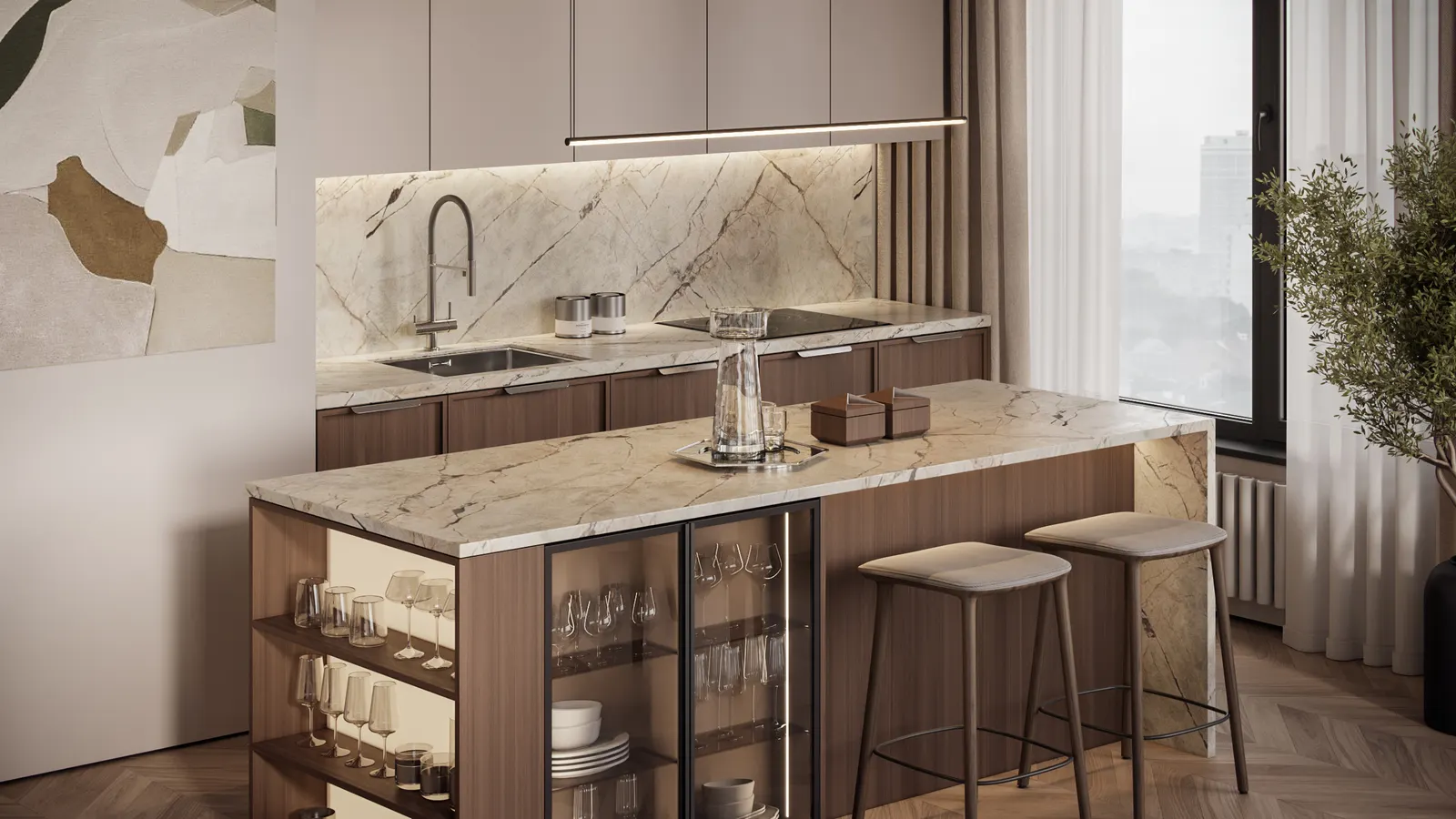 Кухня-гостиная — ЖК Остров · 143 м², 3D-визуализация, ракурс 2