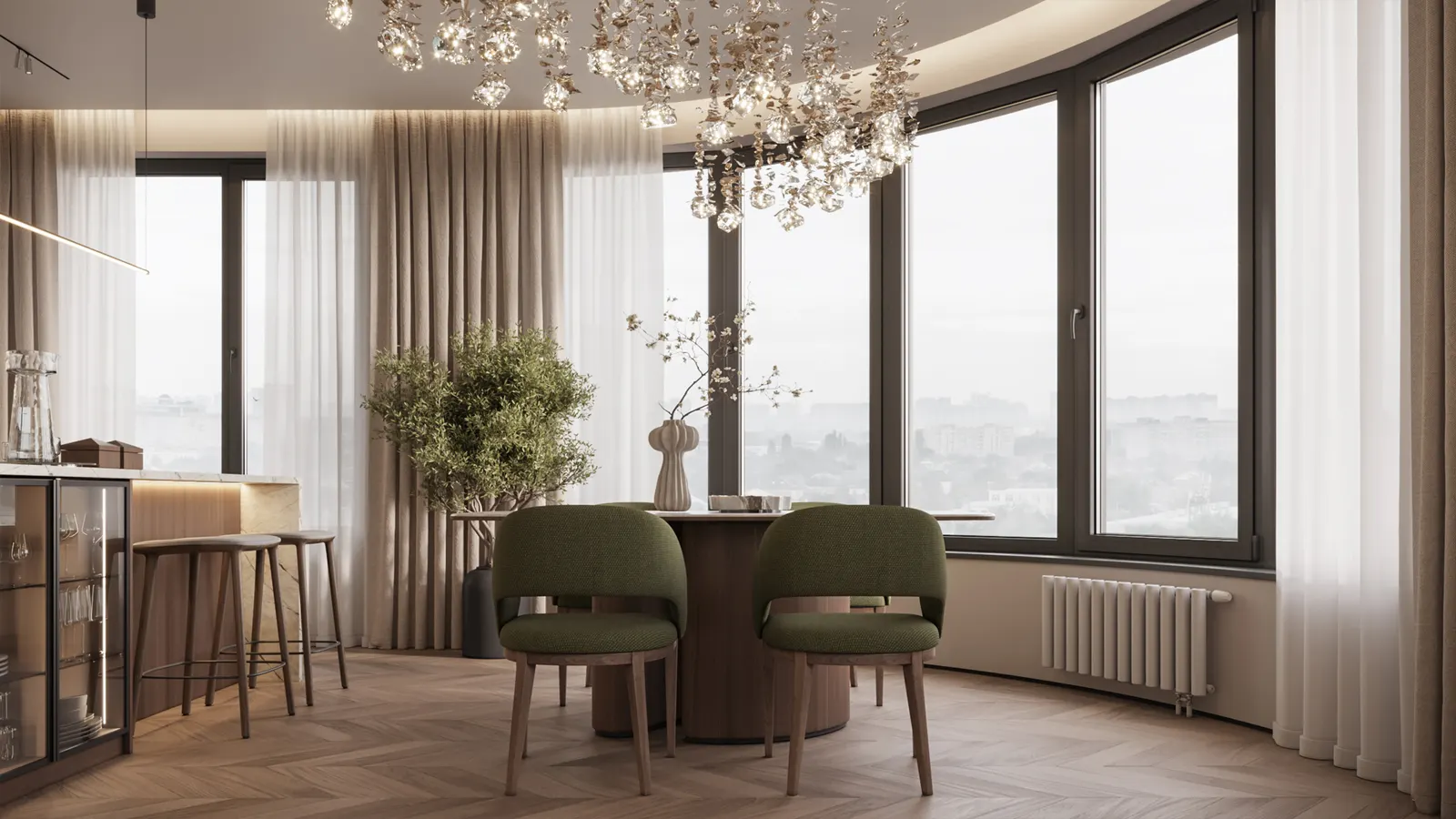 Кухня-гостиная — ЖК Остров · 143 м², 3D-визуализация, ракурс 3