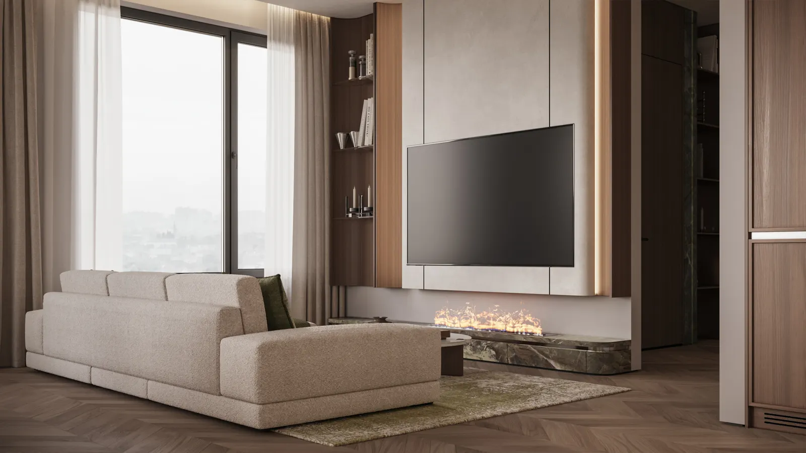 Кухня-гостиная — ЖК Остров · 143 м², 3D-визуализация, ракурс 4