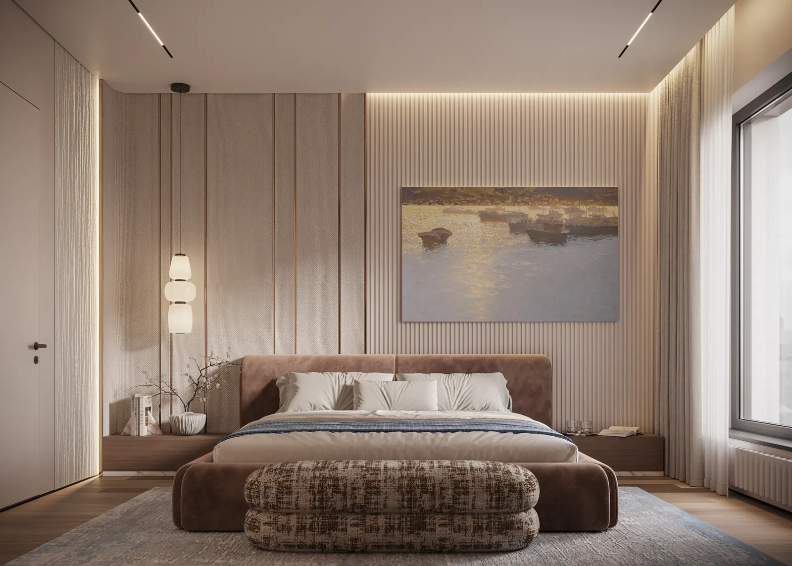 Мастер-спальня — ЖК Остров · 143 м², 3D-визуализация, ракурс 1