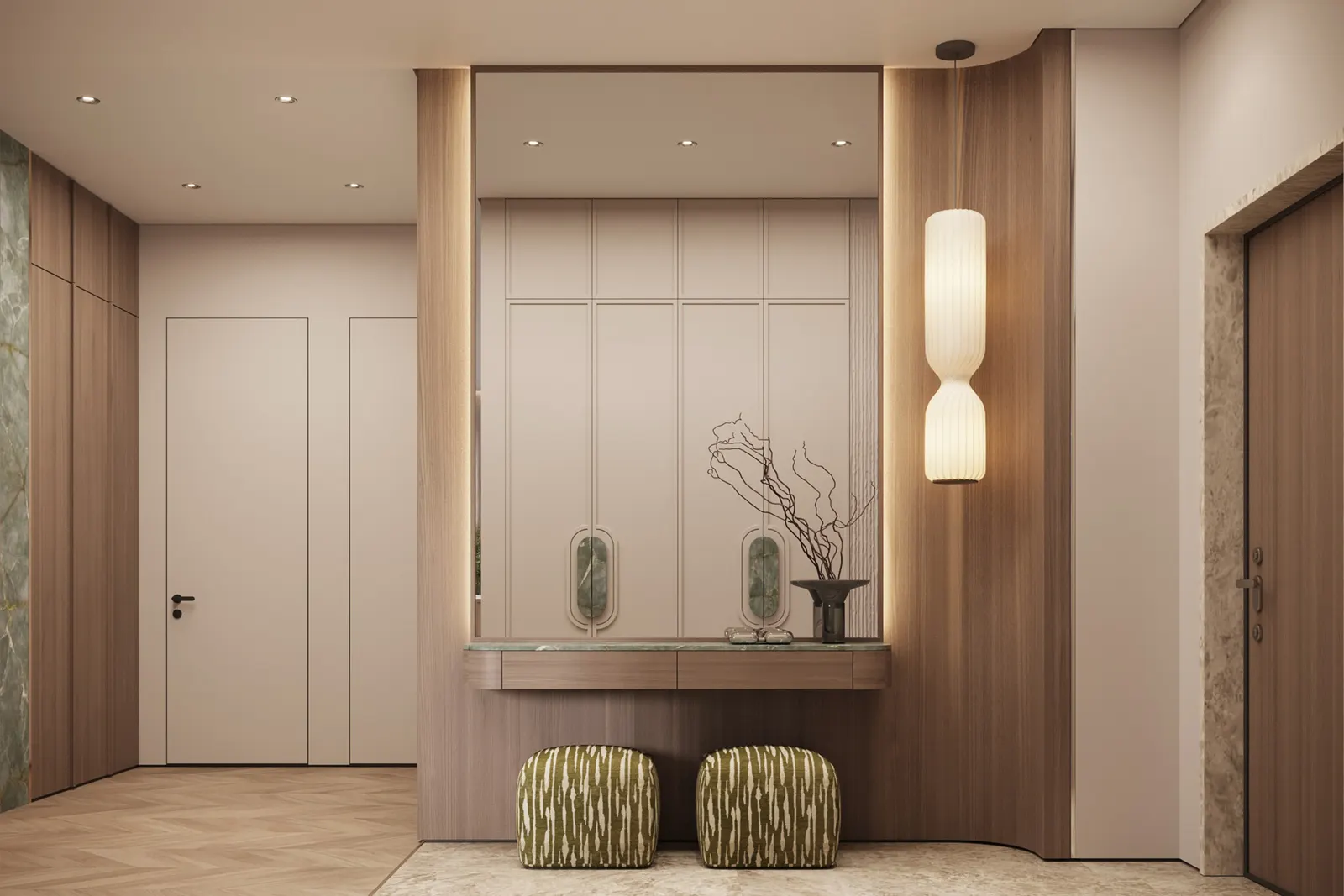 Прихожая — ЖК Остров · 143 м², 3D-визуализация, ракурс 1
