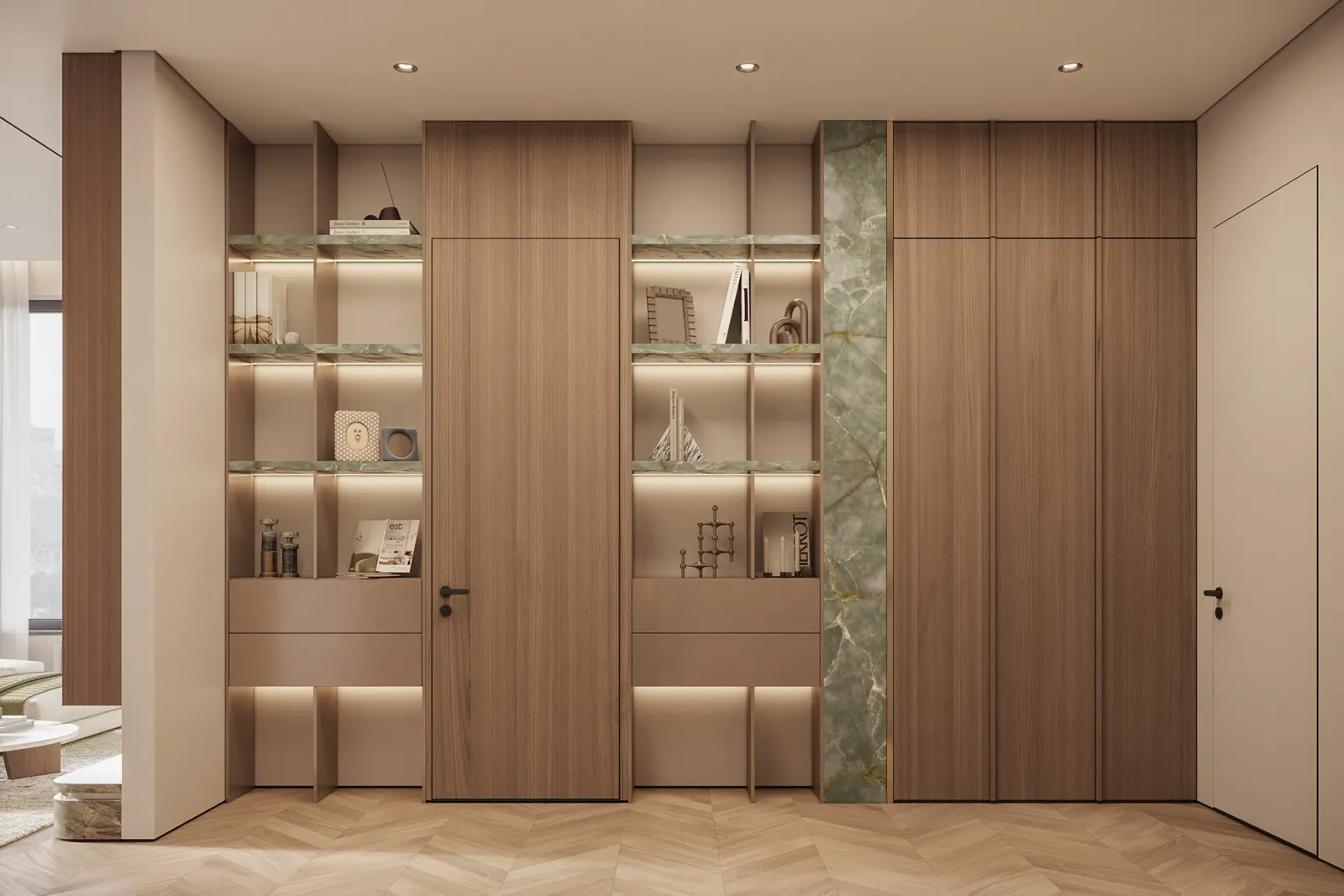 Прихожая — ЖК Остров · 143 м², 3D-визуализация, ракурс 2