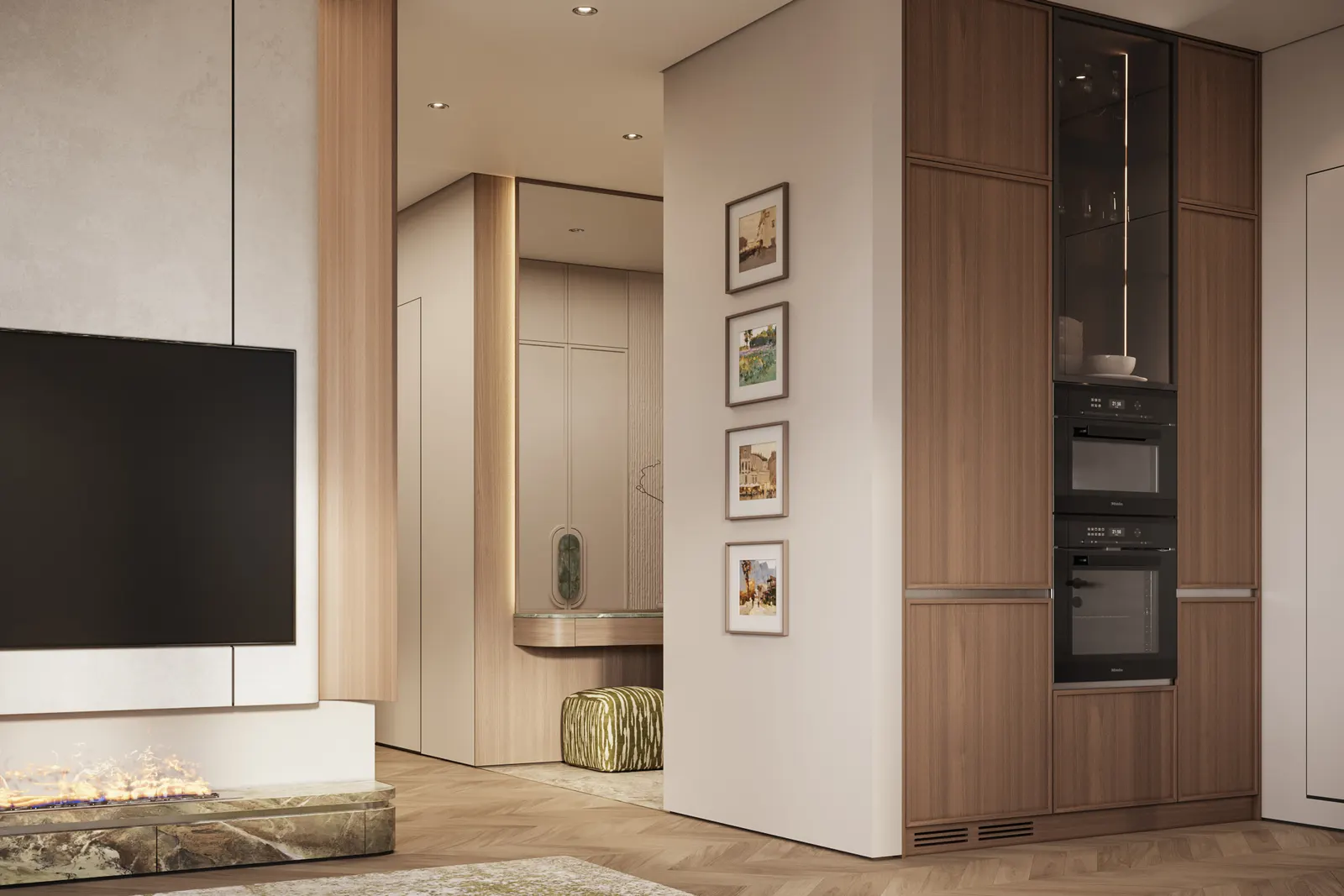 Прихожая — ЖК Остров · 143 м², 3D-визуализация, ракурс 3