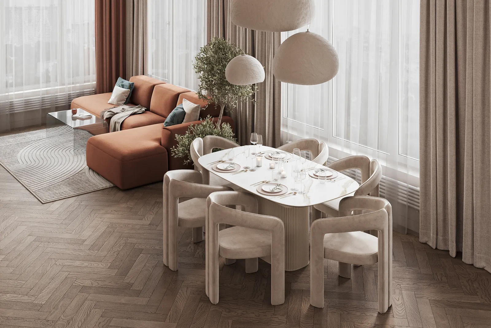 Кухня-гостиная — ЖК Ривер Парк, 3D-визуализация, ракурс 3