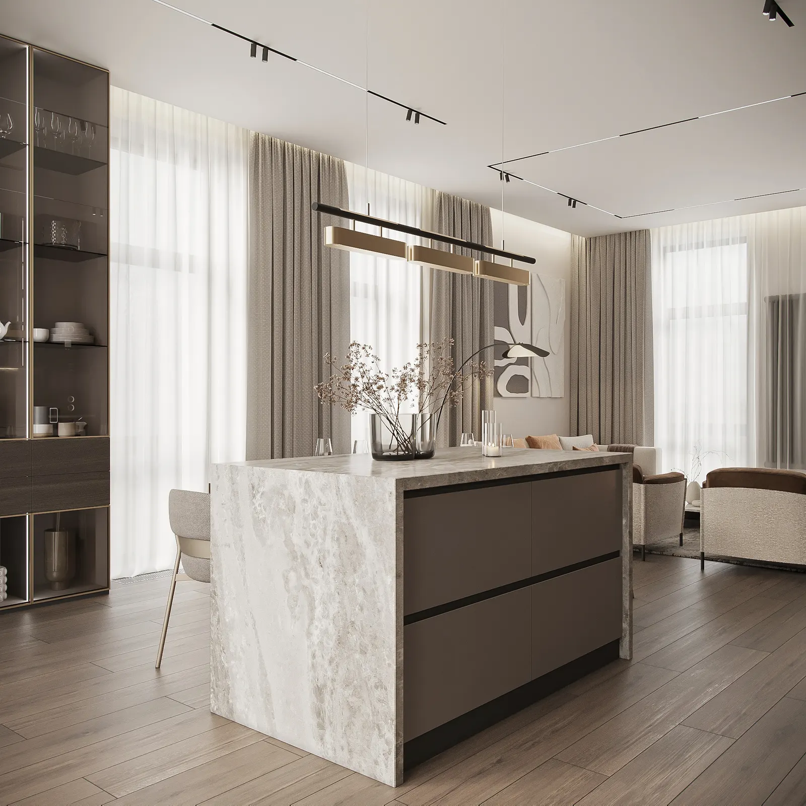 Кухня-гостиная — Сокольники Парк, 3D-визуализация, ракурс 2