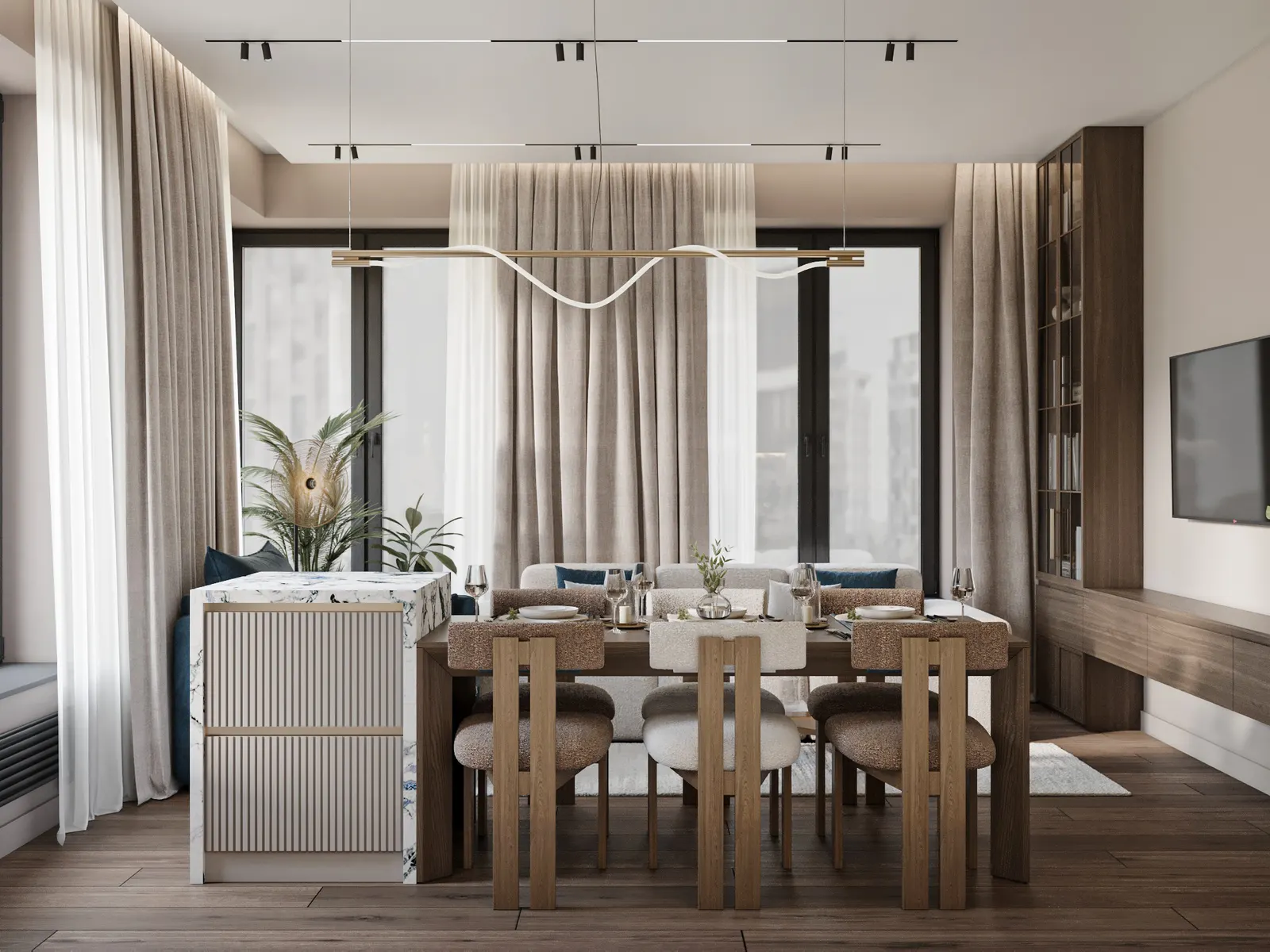 Кухня-гостиная — ЖК Вест Гарден · 89 м², 3D-визуализация, ракурс 2