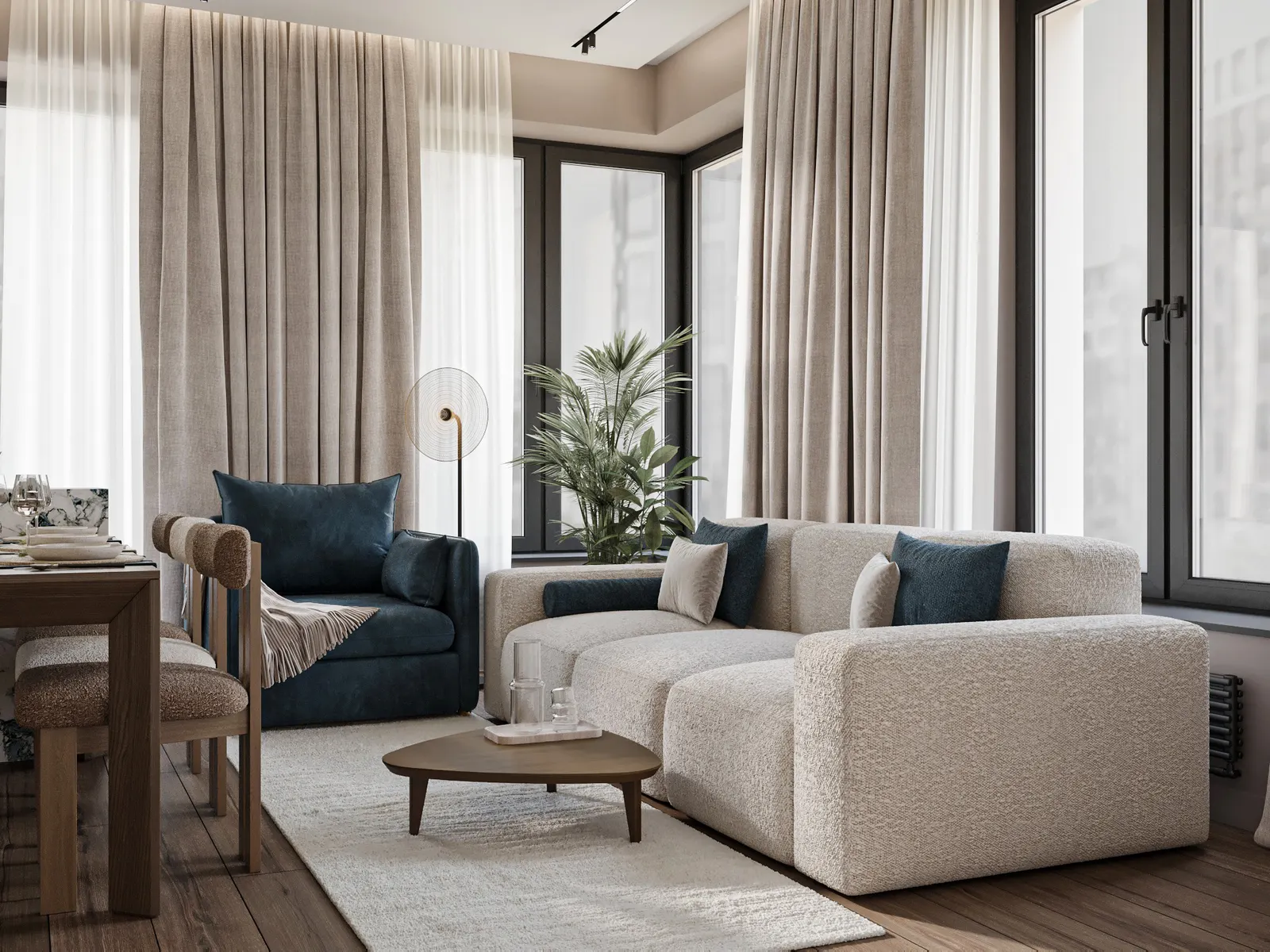 Кухня-гостиная — ЖК Вест Гарден · 89 м², 3D-визуализация, ракурс 3