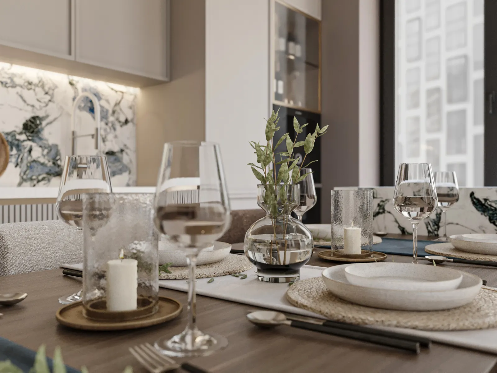 Кухня-гостиная — ЖК Вест Гарден · 89 м², 3D-визуализация, ракурс 4