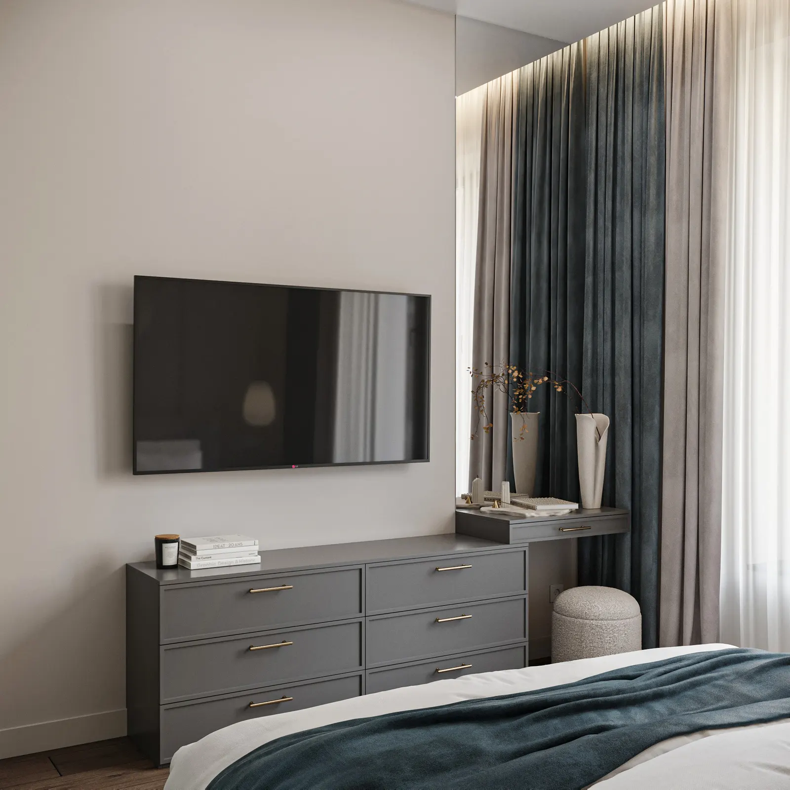 Мастер-спальня — ЖК Вест Гарден · 89 м², 3D-визуализация, ракурс 2