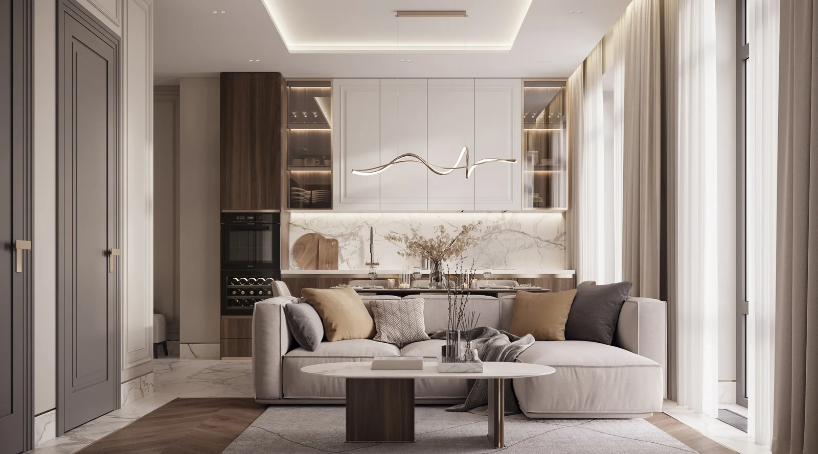 ЖК Dream Towers: Светлая палитра, камень и декоративные детали.